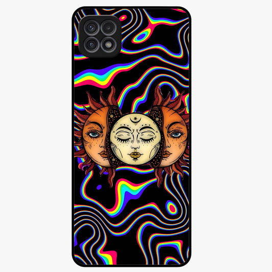 Psychedelic Sun Glass Case showing flat back view with colorful psychedelic sun artwork and glossy glass finish.