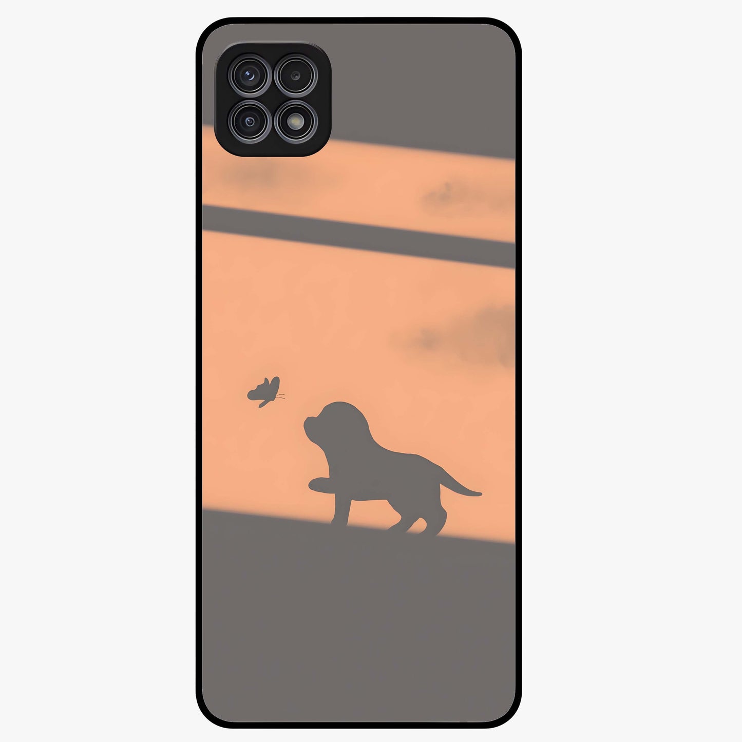 Puppy Shadow Art Glass Case showing flat back view with cute puppy shadow style artwork and glossy glass finish.