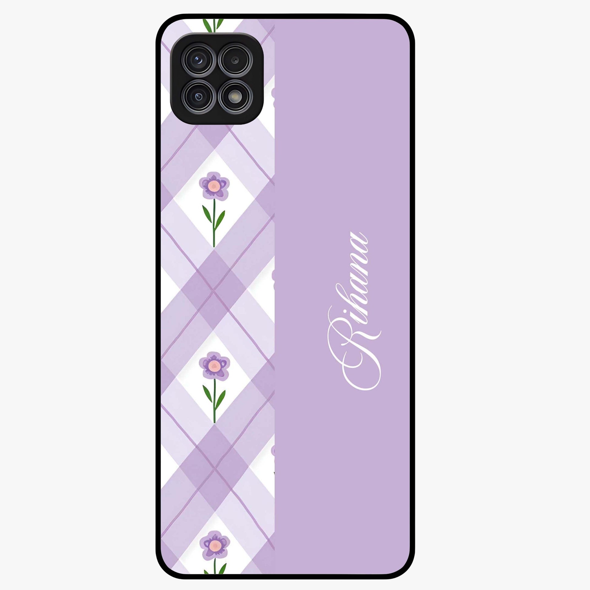 Purple Diamond Floral Glass Case showing flat back view with diamond shaped floral artwork and glossy glass finish.