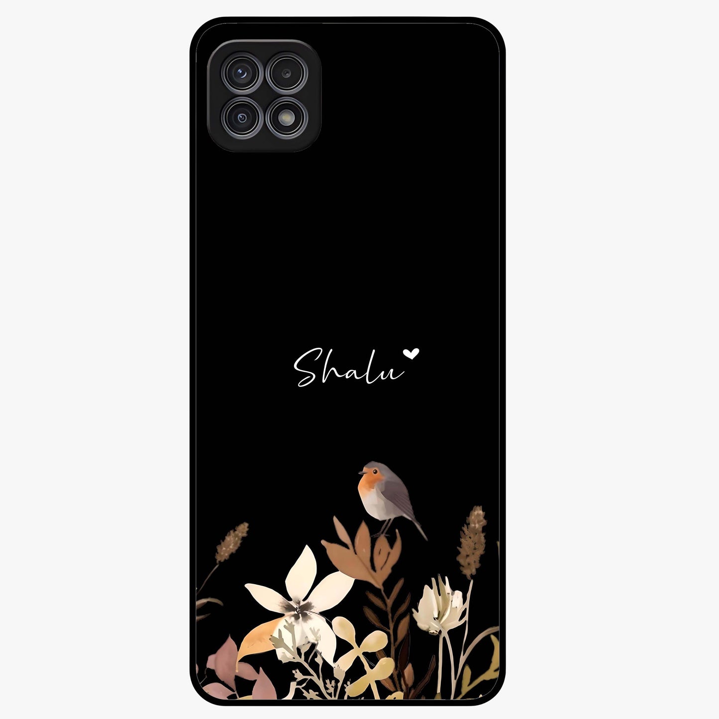 Quiet Garden Tune Custom Name Glass Case showing flat back view with peaceful garden artwork and personalized name design.