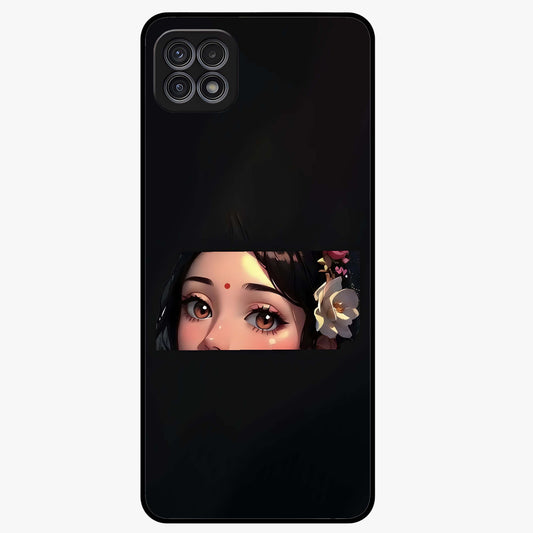 Radha Divine Embrace Glass Case showing flat back view with devotional Radha artwork and glossy glass finish.