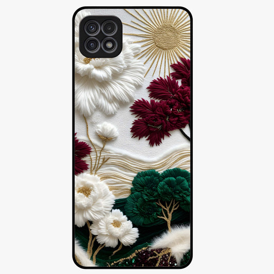 Radiant Bloom Elegance Glass Case showing flat back view with elegant blooming flower artwork and glossy glass finish.