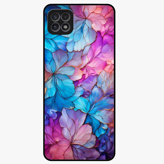 Radiant Floral Whirl Glass Case showing flat back view with swirling floral artwork and glossy glass finish.