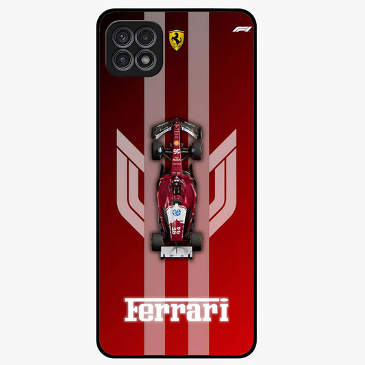 Red Ferrari F1 Vertical Glass Case showing flat back view with sleek Formula racing car artwork and glossy glass finish.