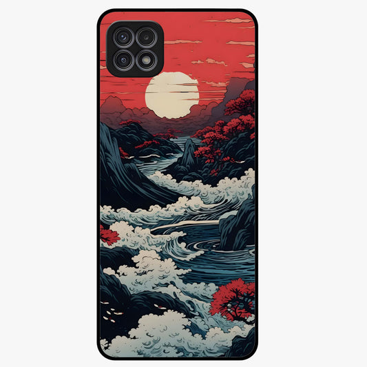Red Sunset Scenery Glass Case showing flat back view with vibrant sunset landscape artwork and glossy glass finish.