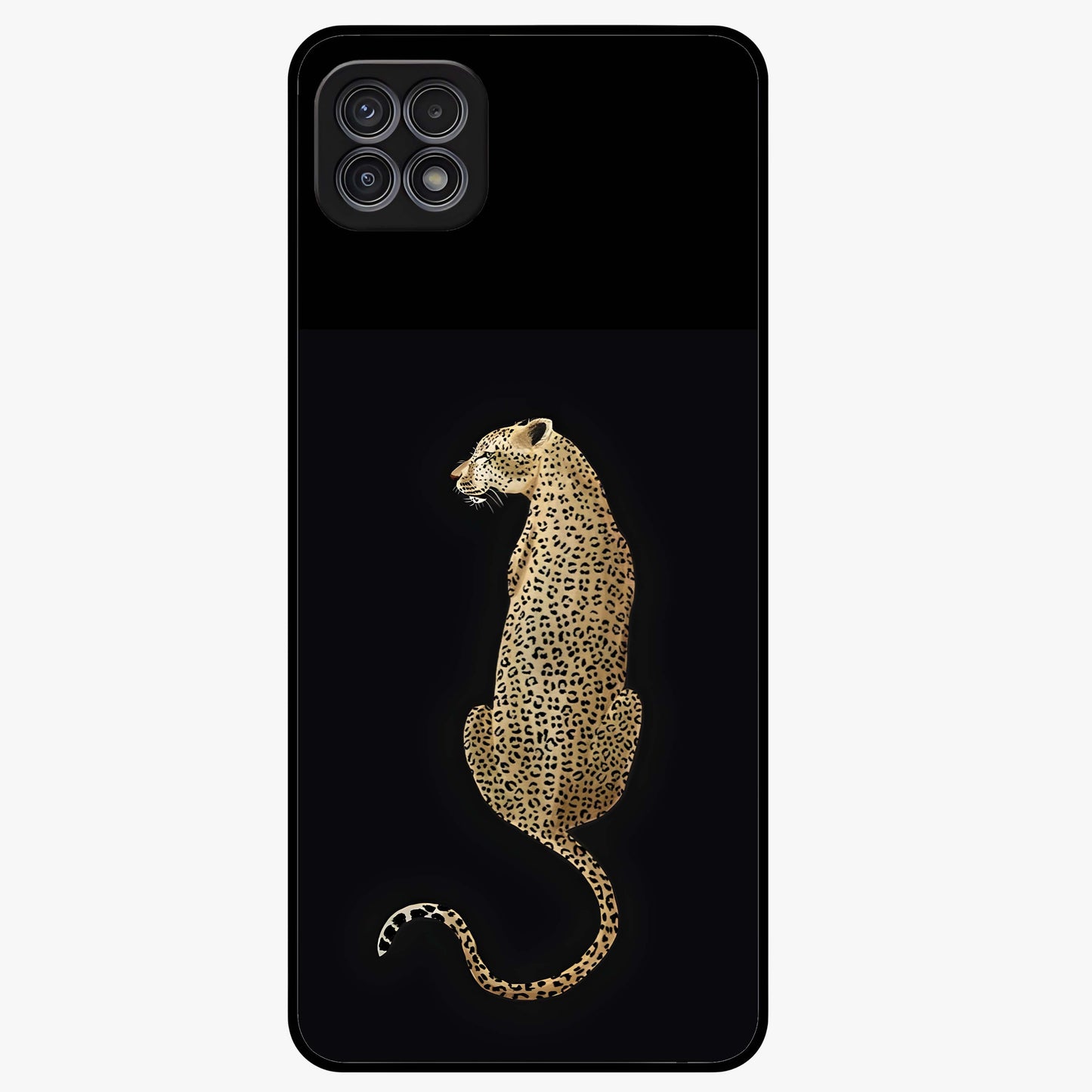 Regal Leopard Glass Case showing flat back view with bold leopard artwork and glossy glass finish.