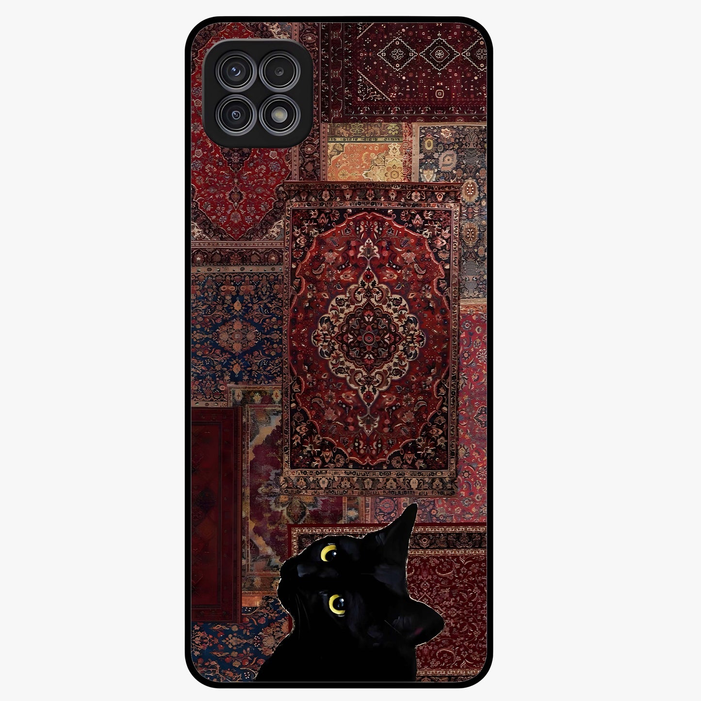 Regal Magic Cat Apple Glass Case showing flat back view with magical cat artwork holding apple and glossy glass finish.