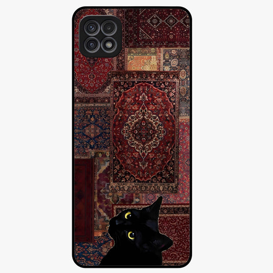 Regal Magic Cat Apple Glass Case showing flat back view with magical cat artwork holding apple and glossy glass finish.