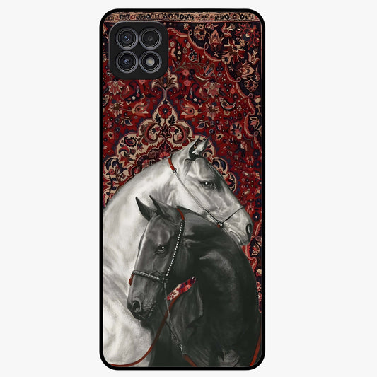 Regal Stallion Tapestry Glass Case showing flat back view with majestic horse tapestry artwork and glossy glass finish.