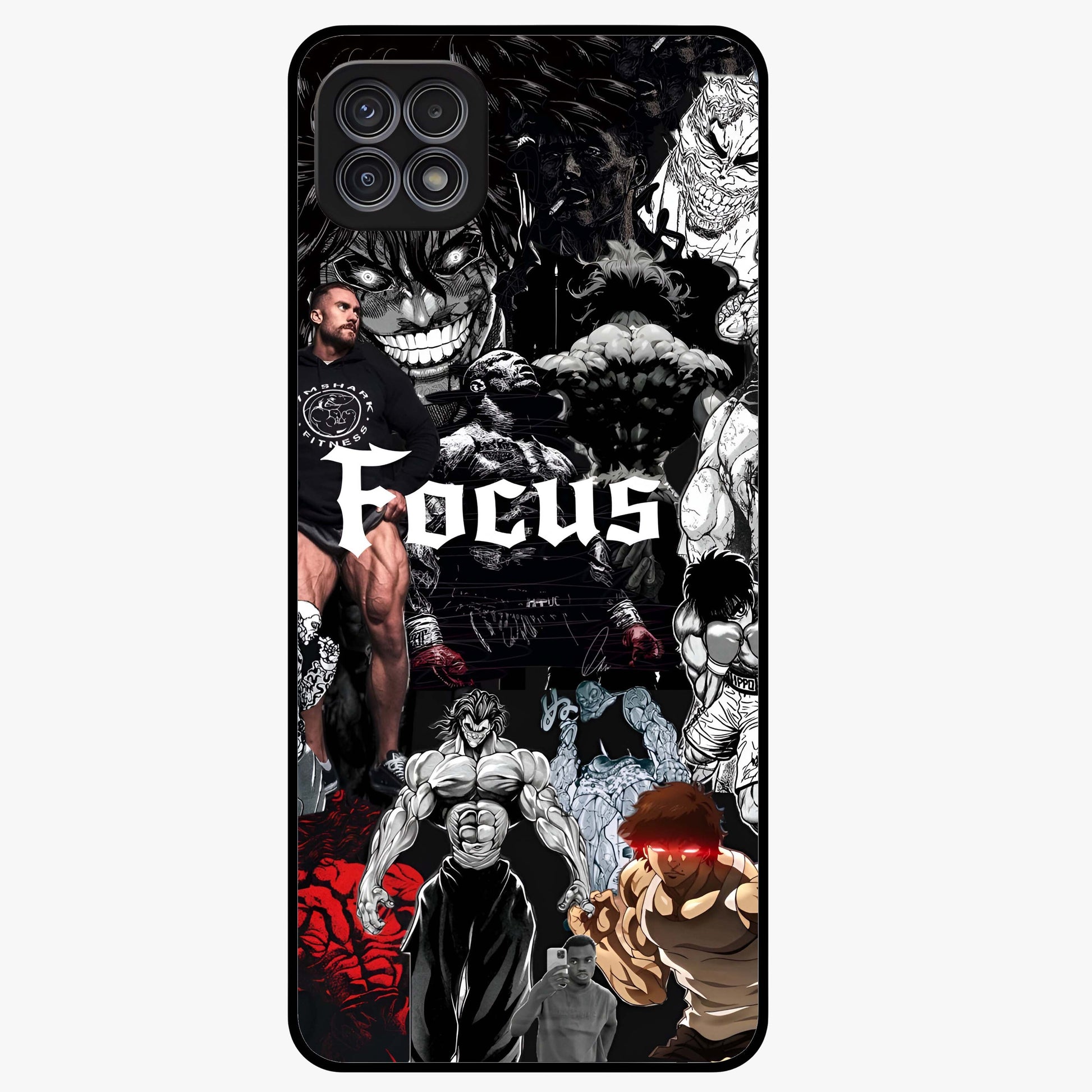 Relentless Power Focus Glass Case showing flat back view with motivational typography artwork and glossy glass finish.