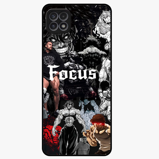 Relentless Power Focus Glass Case showing flat back view with motivational typography artwork and glossy glass finish.