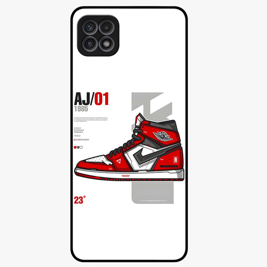 Retro Sneaker Blueprint Glass Case showing flat back view with sneaker blueprint style artwork and glossy glass finish.