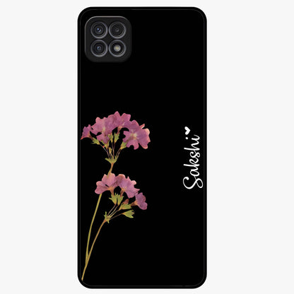 Riching Lavender Flower Custom Name Glass Case showing flat back view with lavender floral artwork and personalized name design.
