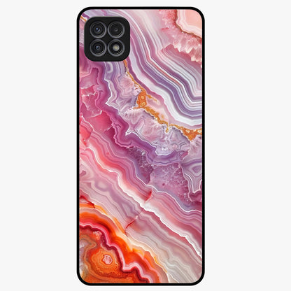 Rose Quartz Marble Glass Case showing flat back view with pink marble quartz texture artwork and glossy glass finish.