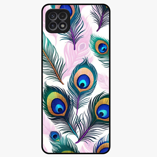 Royal Peacock Feathers Glass Case showing flat back view with colorful peacock feather artwork and glossy glass finish.