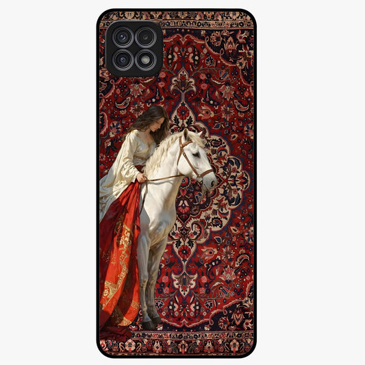 Royal Rider Tapestry Glass Case showing flat back view with majestic horse rider tapestry artwork and glossy glass finish.