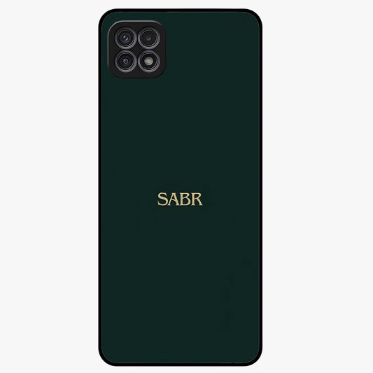 Sabr Minimal Patience Glass Case showing flat back view with minimalist typography artwork and glossy glass finish.
