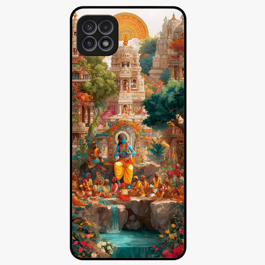 Sacred Sunlight Gods Glass Case showing flat back view with divine sunlight themed artwork and glossy glass finish.