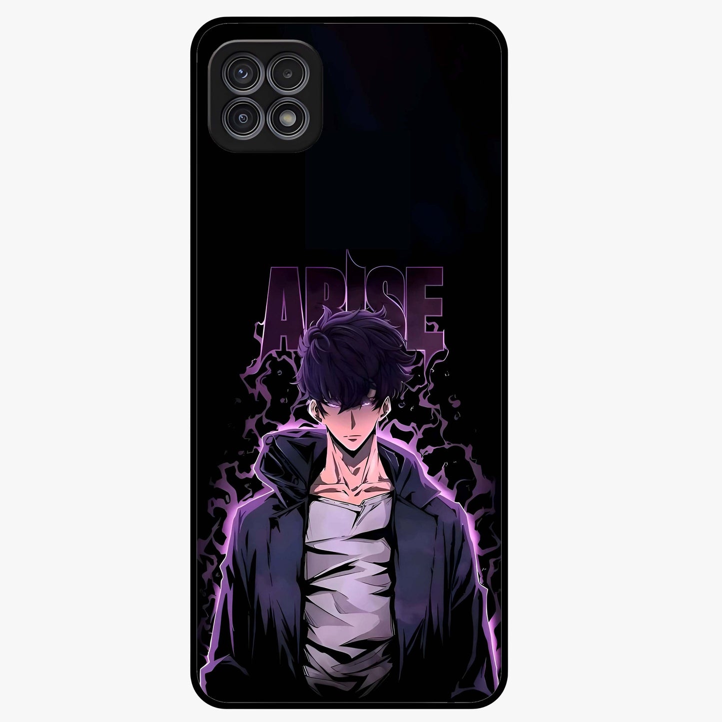 Shadow Monarch Awakening Glass Case showing flat back view with powerful dark monarch themed artwork and glossy glass finish.