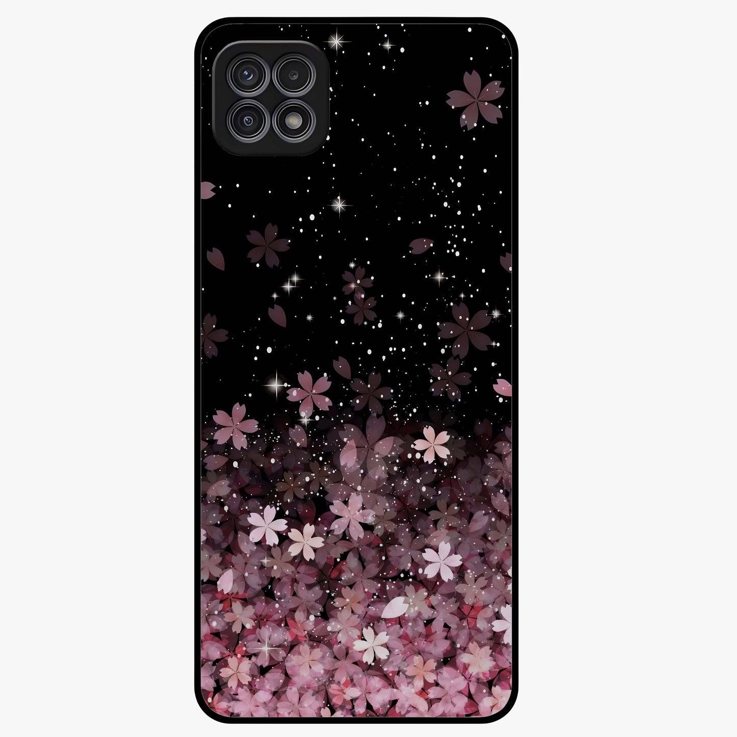 Small Starry Flowers Glass Case showing flat back view with delicate starry floral artwork and glossy glass finish.
