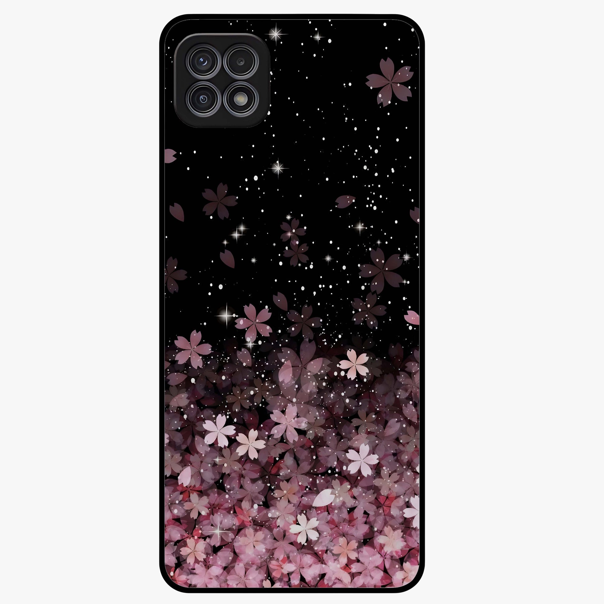 Small Starry Flowers Glass Case showing flat back view with delicate starry floral artwork and glossy glass finish.