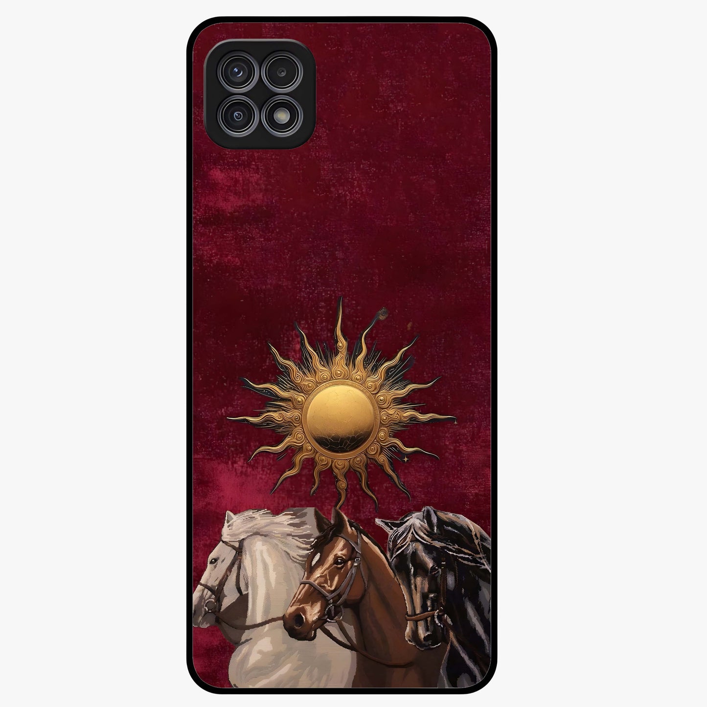 Solar Riders Glass Case showing flat back view with dynamic rider themed artwork and glossy glass finish.