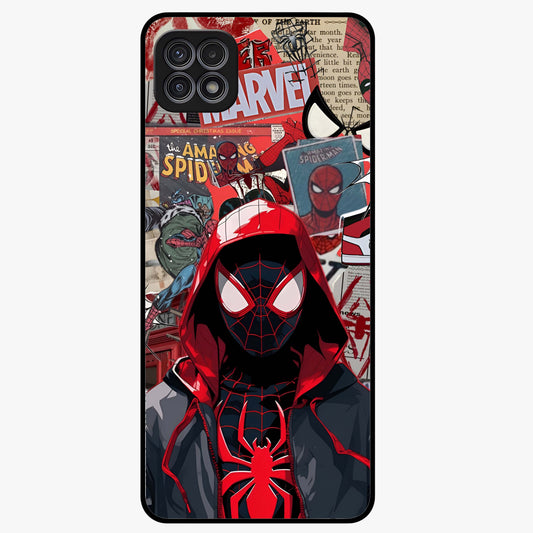 Spider Collage Street Glass Case showing flat back view with vibrant superhero collage artwork and glossy glass finish.
