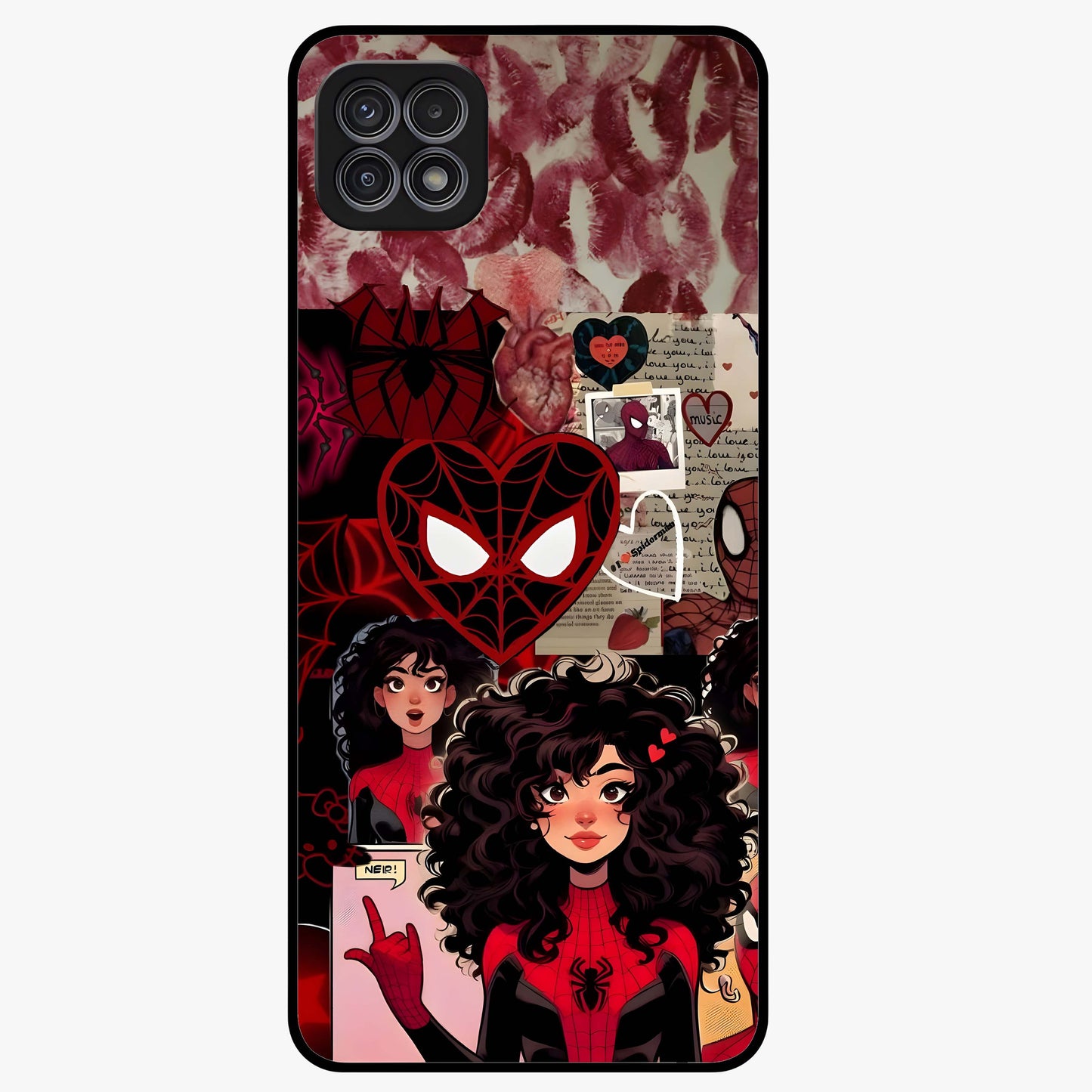 Spider Love Story Glass Case showing flat back view with romantic superhero themed artwork and glossy glass finish.