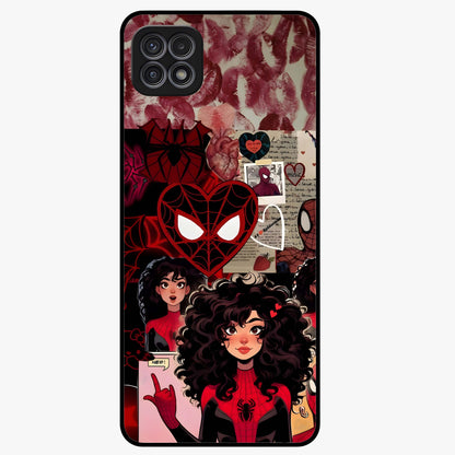 Spider Love Story Glass Case showing flat back view with romantic superhero themed artwork and glossy glass finish.