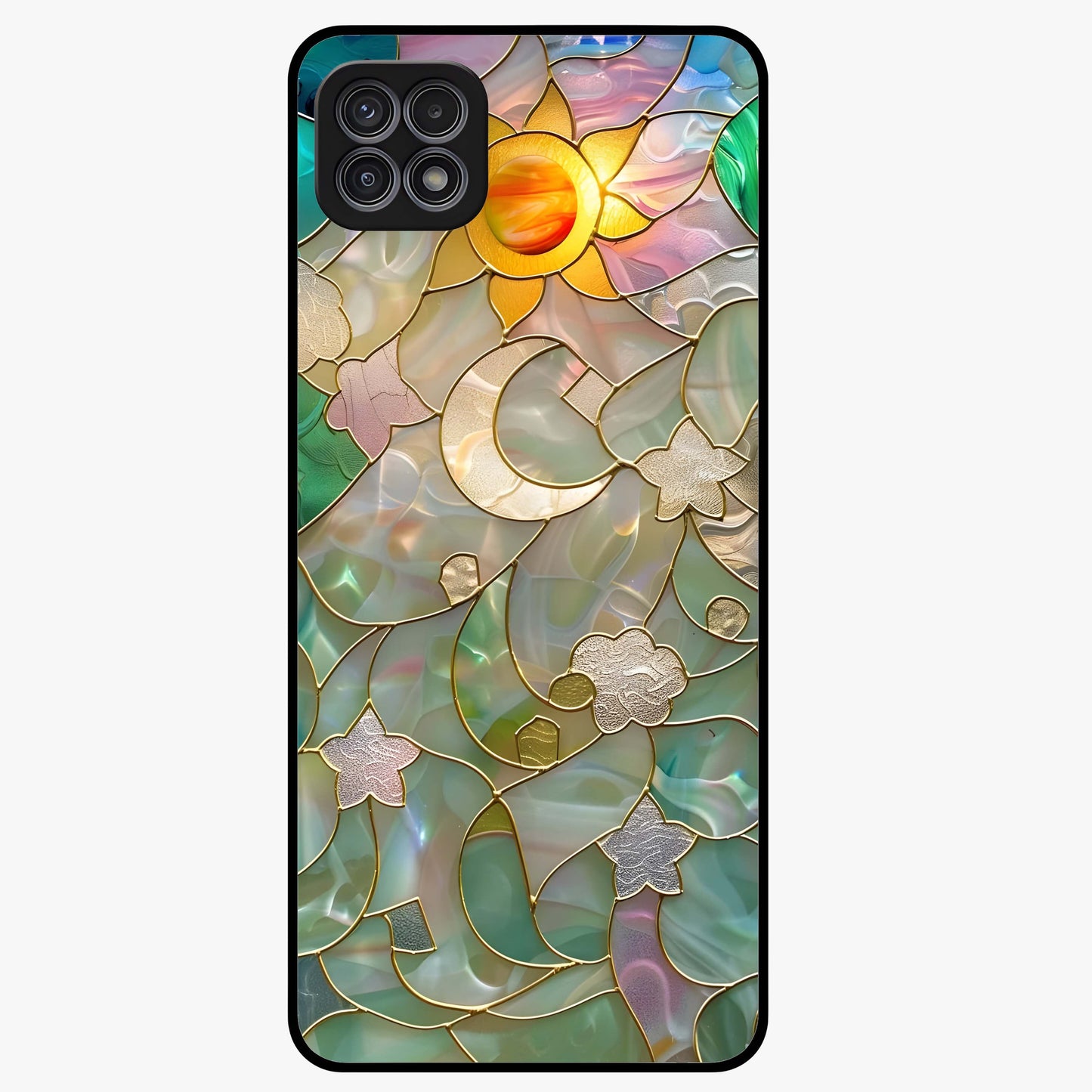 Stained Sunrise Glow Glass Case showing flat back view with glowing sunrise stained pattern artwork and glossy glass finish.