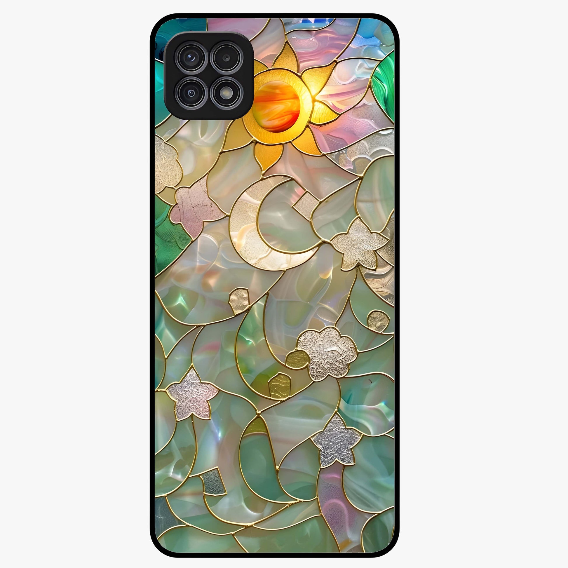 Stained Sunrise Glow Glass Case showing flat back view with glowing sunrise stained pattern artwork and glossy glass finish.