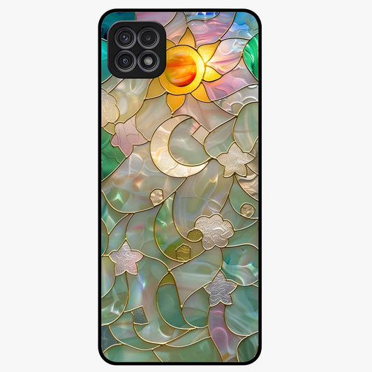 Stained Sunrise Glow Glass Case showing flat back view with glowing sunrise stained pattern artwork and glossy glass finish.