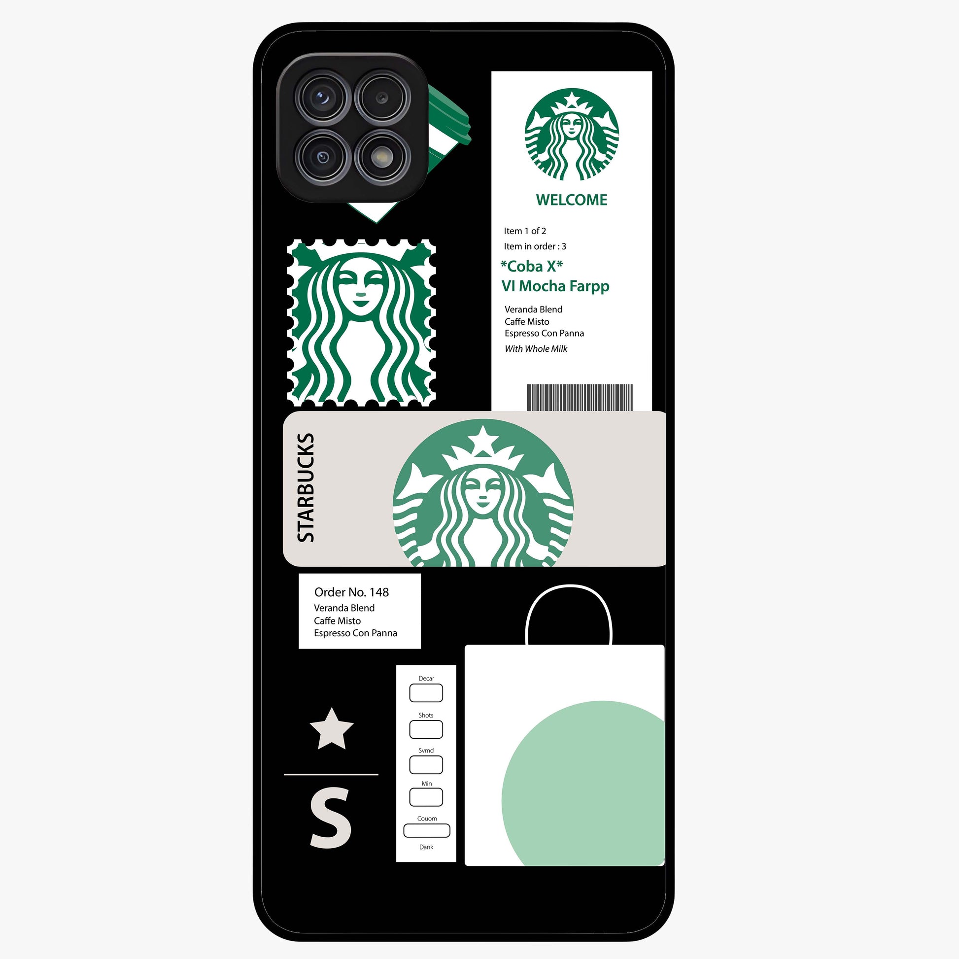Starbucks Mocha Glass Case showing flat back view with coffee inspired artwork and glossy glass finish.