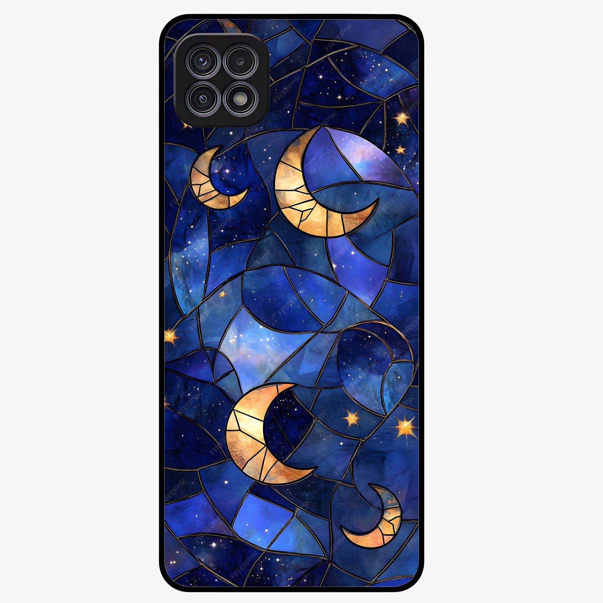 Starlit Sky Tapestry Glass Case showing flat back view with decorative starry sky tapestry artwork and glossy glass finish.