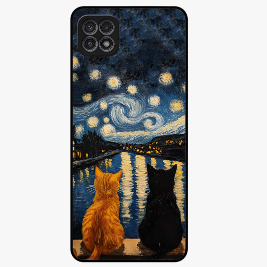 Starry River Cats Glass Case showing flat back view with cats by a starry river artwork and glossy glass finish.