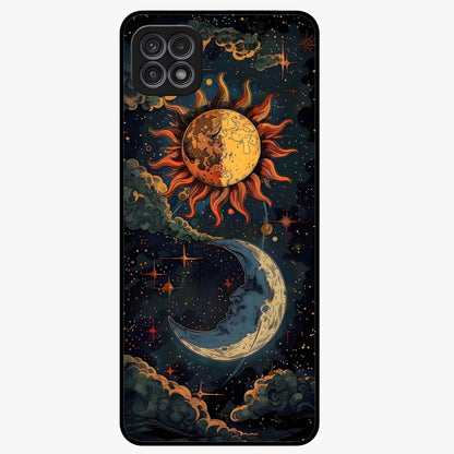 Sun And Moon Magic Design Glass Case showing flat back view with mystical sun and moon artwork and glossy glass finish.