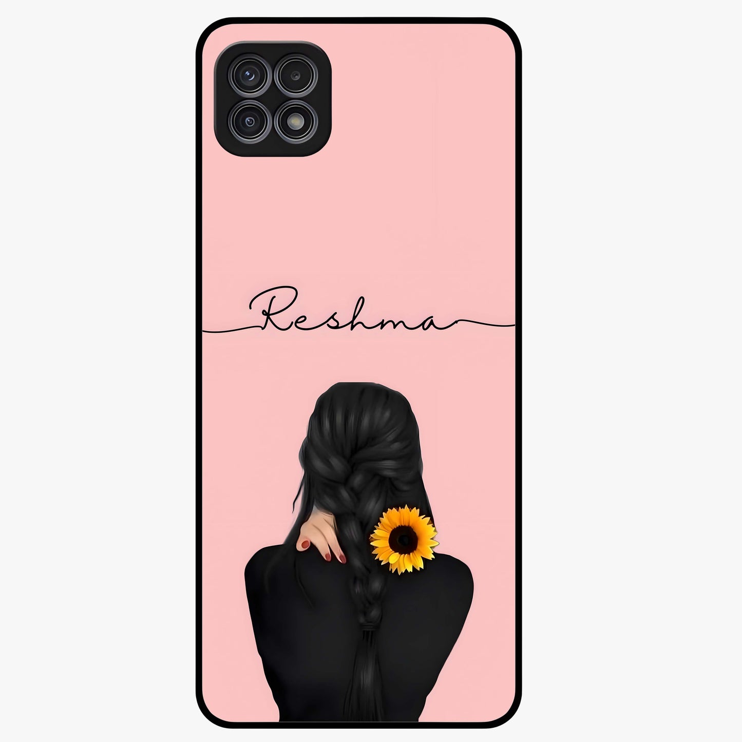 Sunflower Braid Beauty With Custom Name Glass Case showing flat back view with sunflower braid artwork and personalized name design.