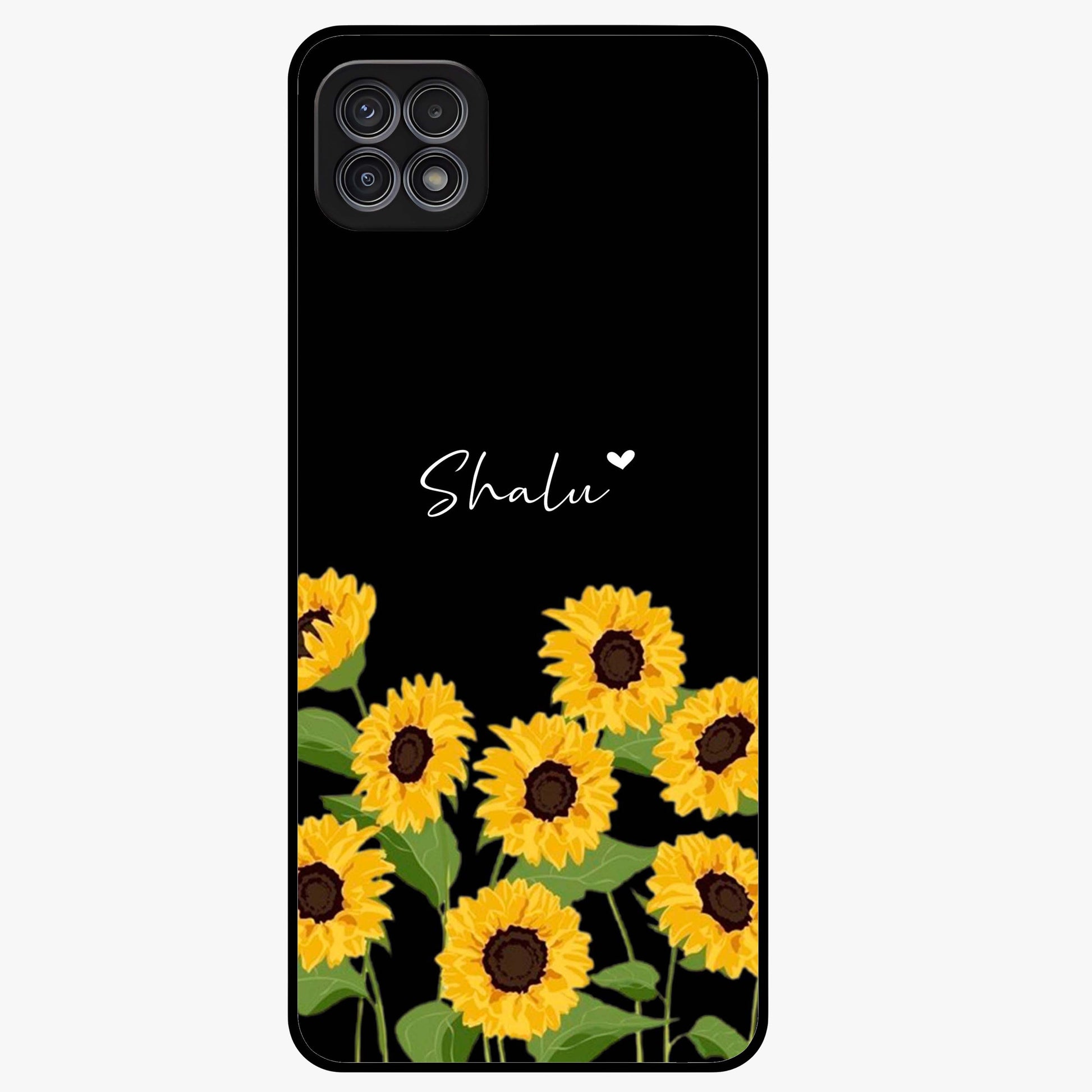 Sunflower Chic Mood Custom Name Glass Case showing flat back view with stylish sunflower artwork and personalized name design.