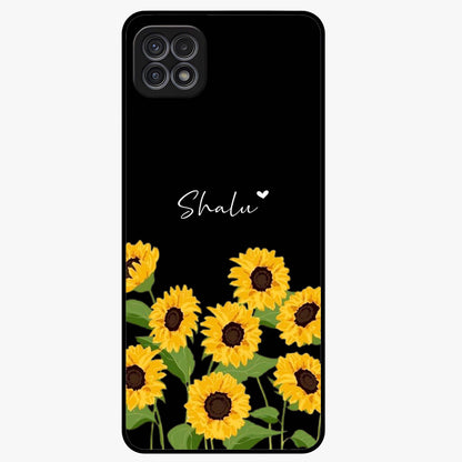 Sunflower Chic Mood Custom Name Glass Case showing flat back view with stylish sunflower artwork and personalized name design.