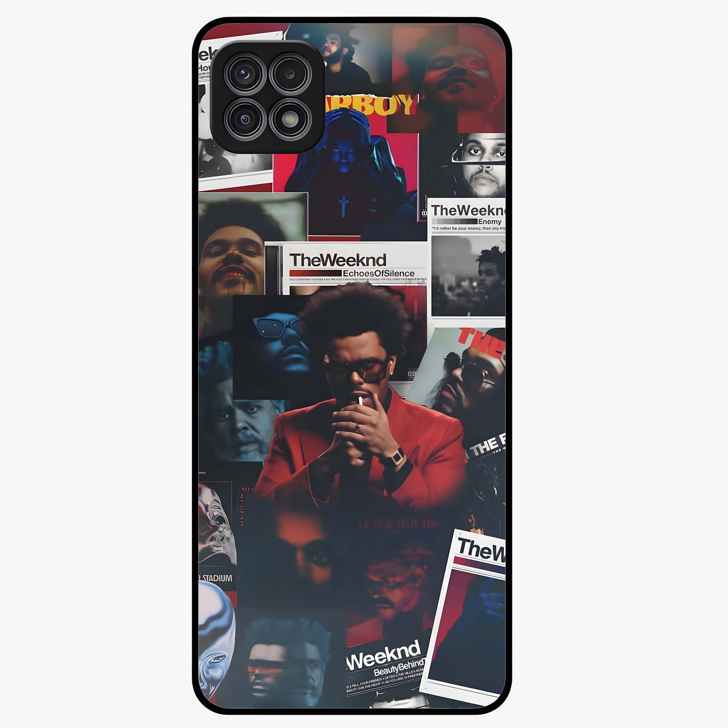 The Weeknd Glass Case showing flat back view with music inspired artistic portrait artwork and glossy glass finish.