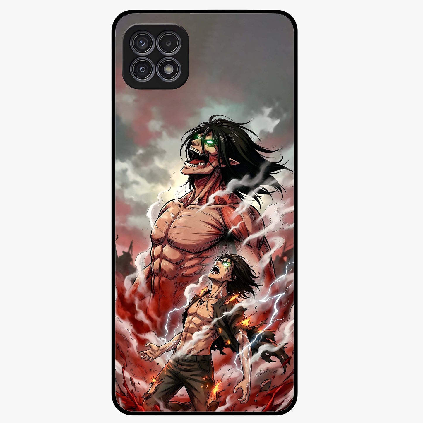 Titan Awakening Fury Glass Case showing flat back view with powerful titan inspired artwork and glossy glass finish.