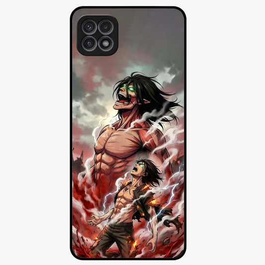 Titan Awakening Fury Glass Case showing flat back view with powerful titan inspired artwork and glossy glass finish.