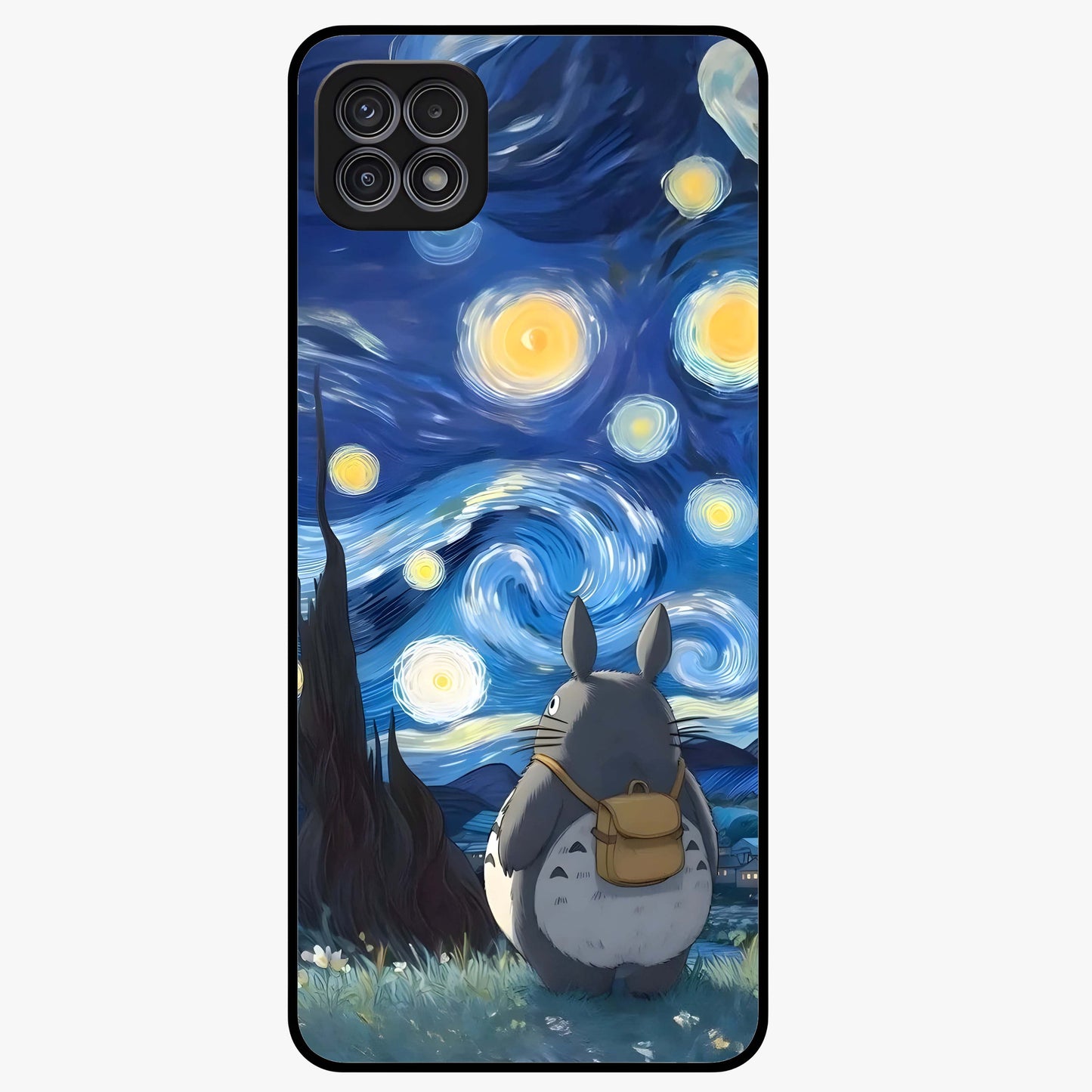 Totoro In Van Gogh Art Glass Case showing flat back view with whimsical character artwork inspired by Van Gogh style and glossy glass finish.