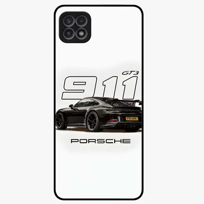 Turbo Legacy Icon Glass Case showing flat back view with iconic sports car inspired artwork and glossy glass finish.