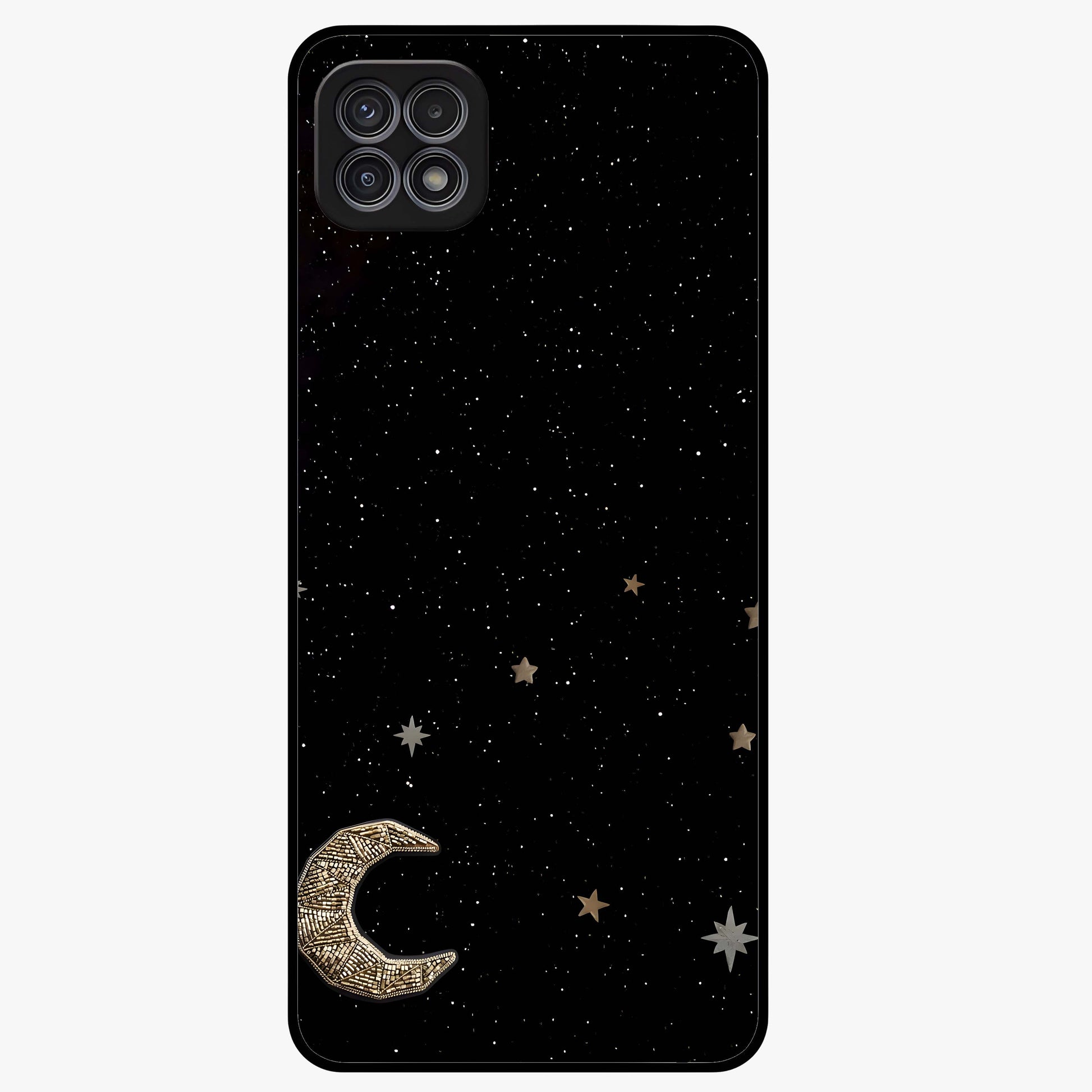 Twinkle Star With Half Moon Glass Case showing flat back view with star and half moon artwork and glossy glass finish.