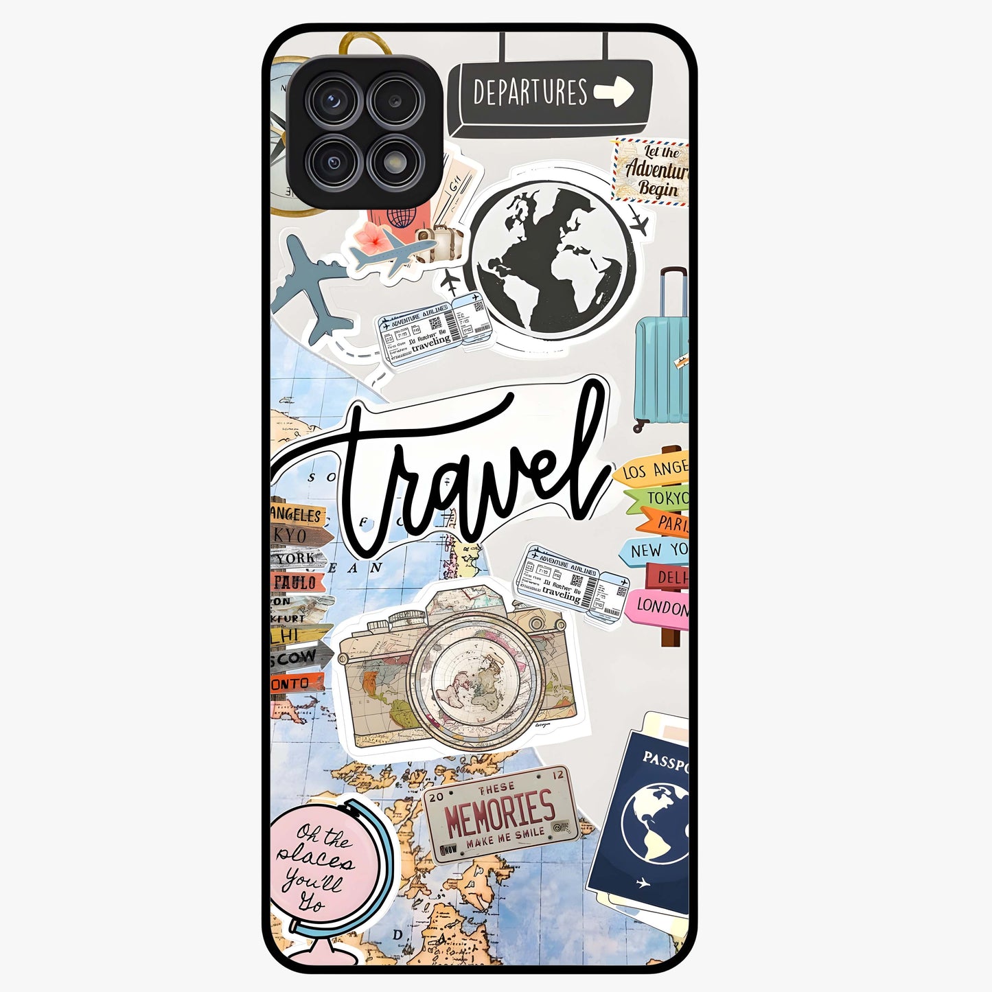 Wanderlust Journal Glass Case showing flat back view with travel inspired artwork and glossy glass finish.