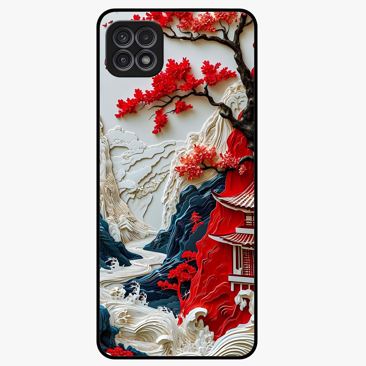 Whispers Of Sakura Waves Glass Case showing flat back view with cherry blossom wave artwork and glossy glass finish.