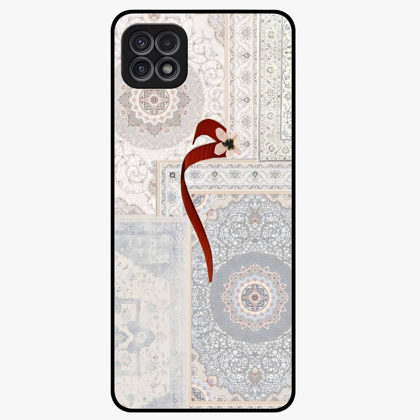 White Aesthetic Bow Glass Case showing flat back view with minimal bow artwork and glossy glass finish.