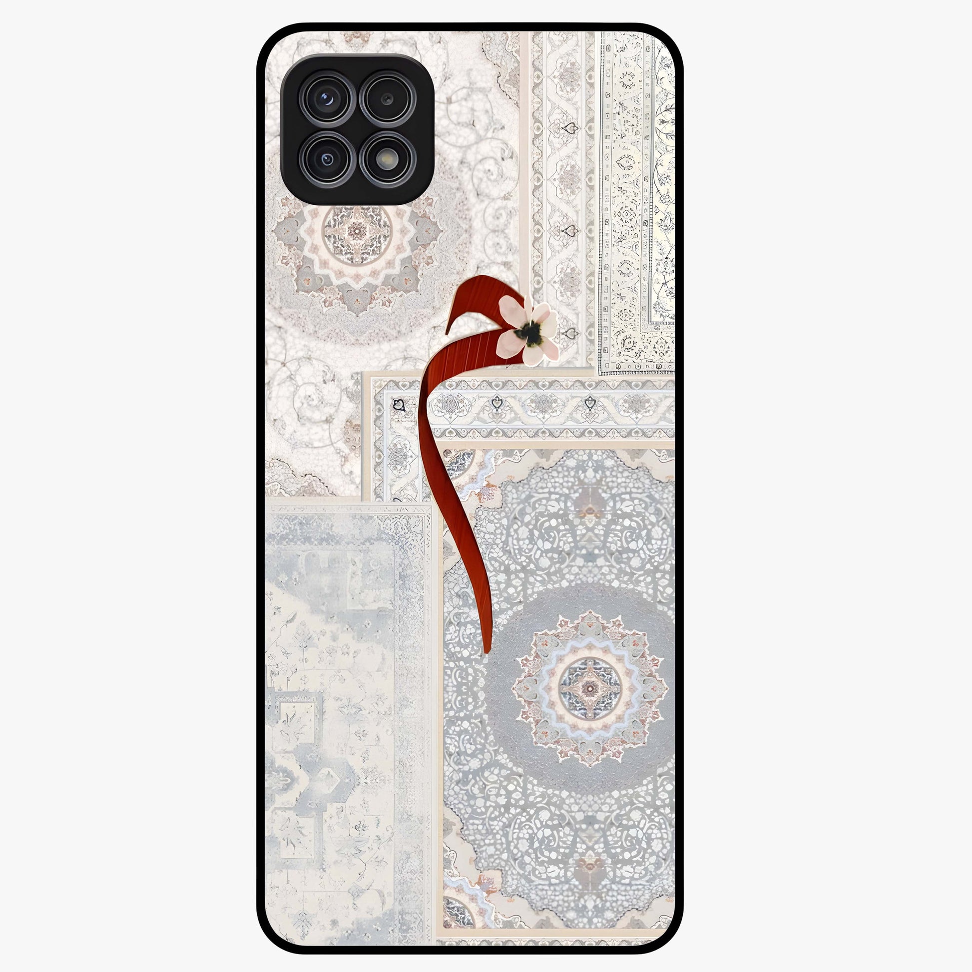 White Aesthetic Bow Glass Case showing flat back view with minimal bow artwork and glossy glass finish.
