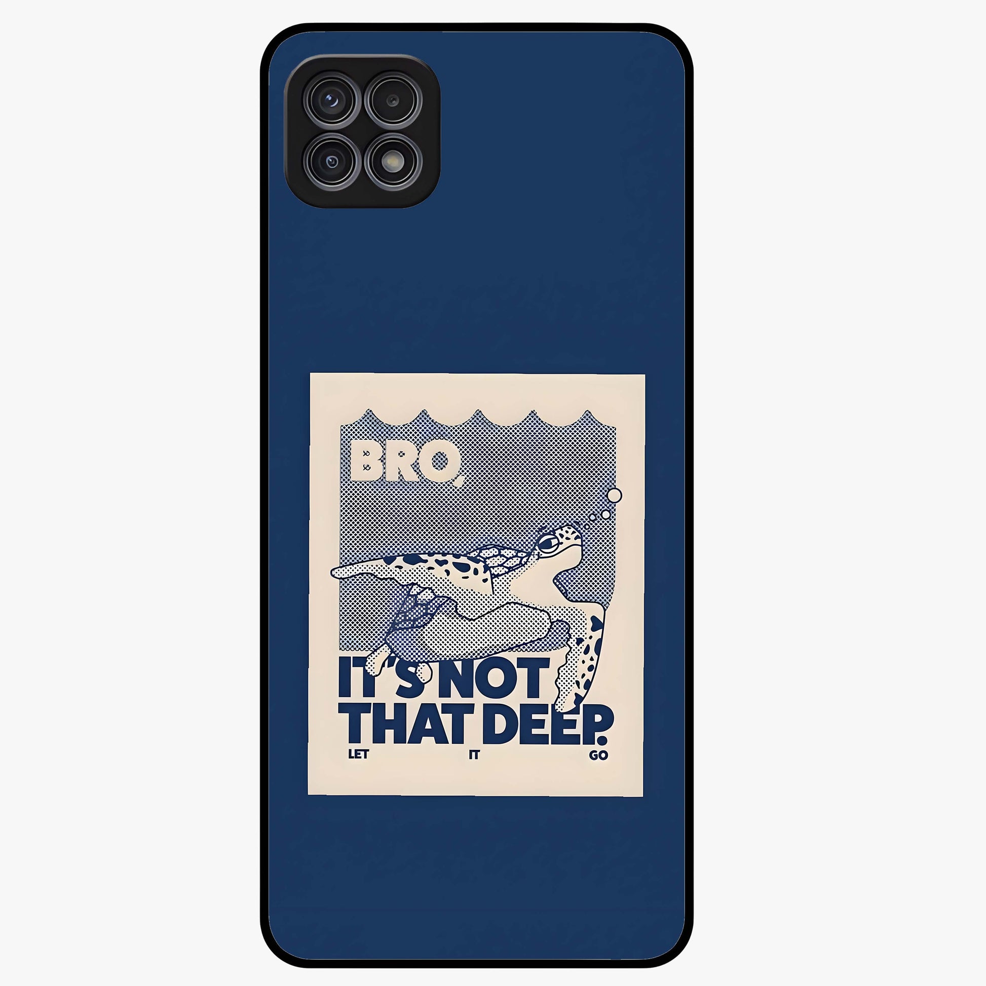 Worry Less Swim Glass Case showing flat back view with playful motivational artwork and glossy glass finish.